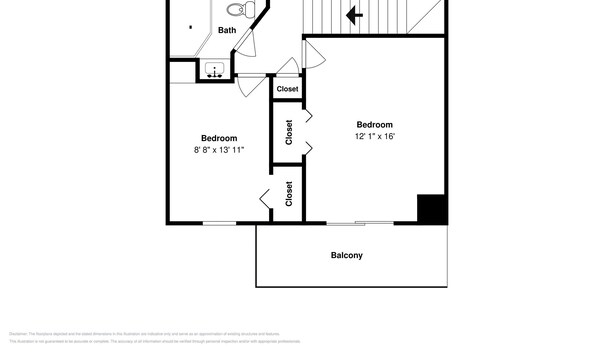 A floor plan with two bedrooms, a bathroom, and a balcony. - Pinon Park C11 by Ruidoso Vacation Rentals (Ruidoso)