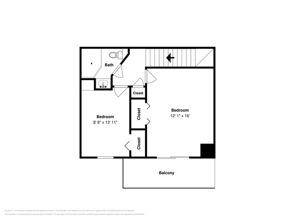 Plano de planta que muestra dos dormitorios, un baño y un balcón.
