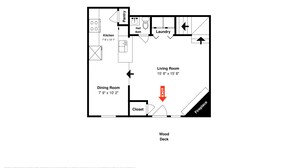 A floor plan with a kitchen, dining room, living room, half bath, laundry, closet, and fireplace. - Pinon Park C11 by Ruidoso Vacation Rentals (Ruidoso)