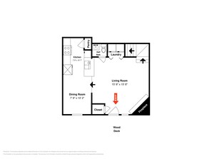 Plano de planta que muestra una cocina, comedor, sala de estar, aseo de cortesía, lavandería, armario y chimenea.