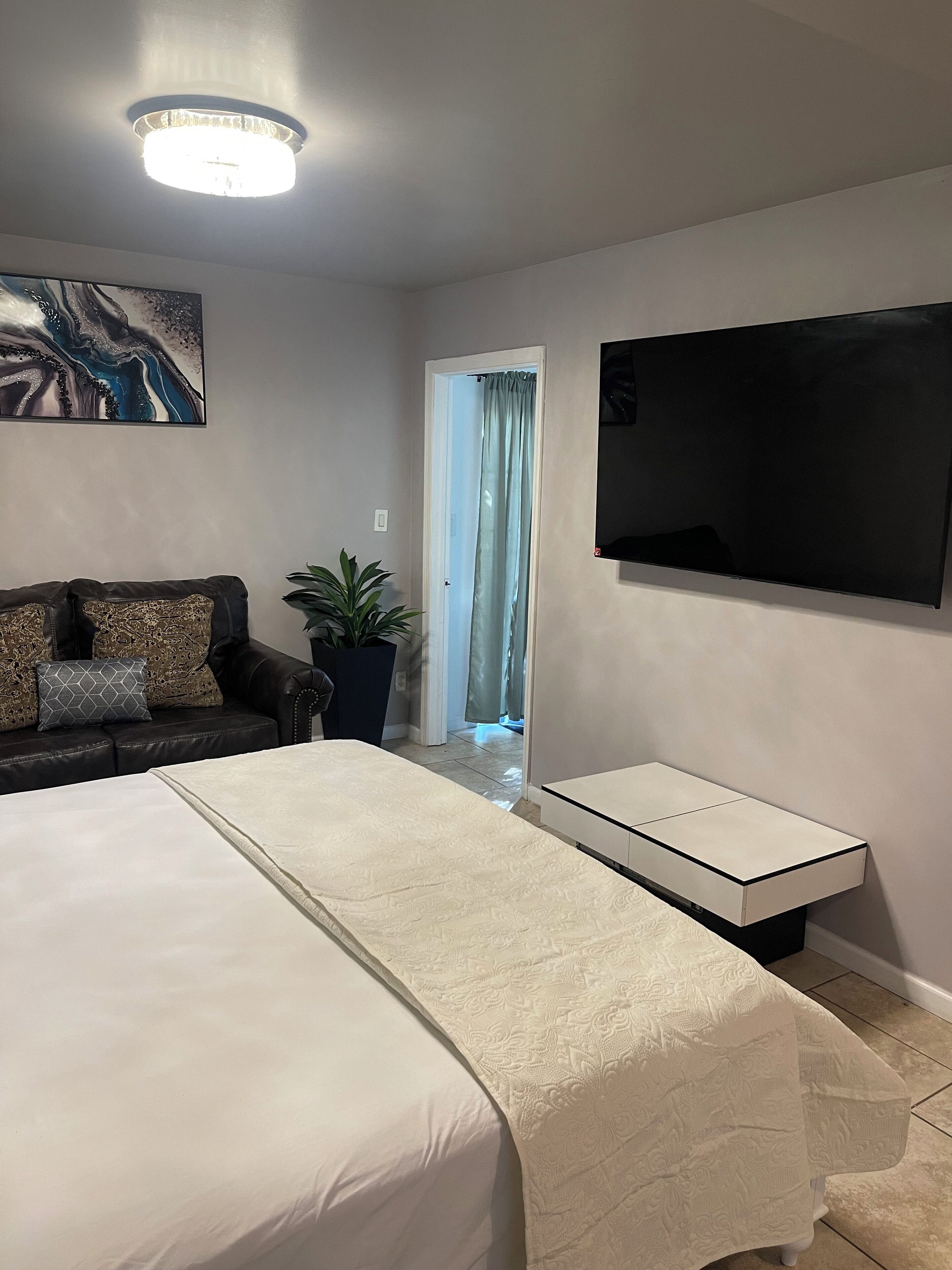 A modern bedroom with a large bed, a sofa, a TV, and a potted plant.