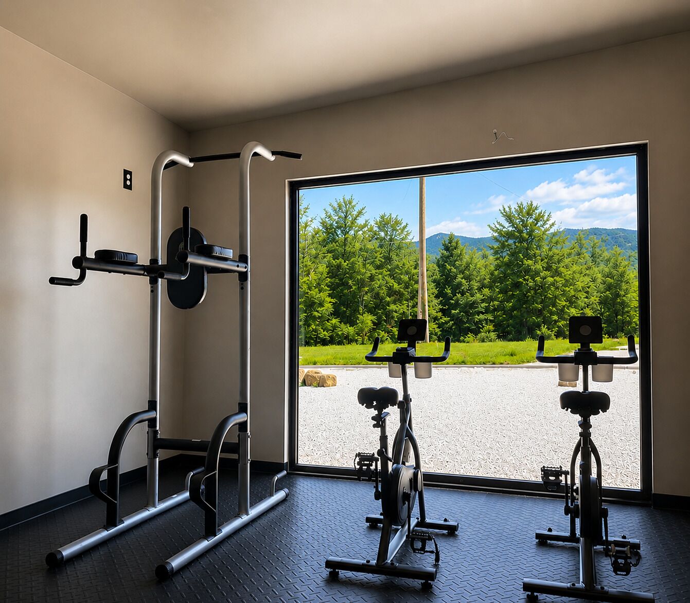 A gym with exercise equipment, a large window, and a view of greenery and mountains.