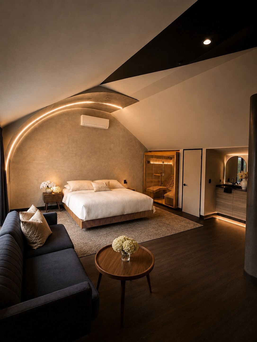 Cabaña Elite, 1 cama King size, sauna | Decoración personalizada y muebles diferentes 