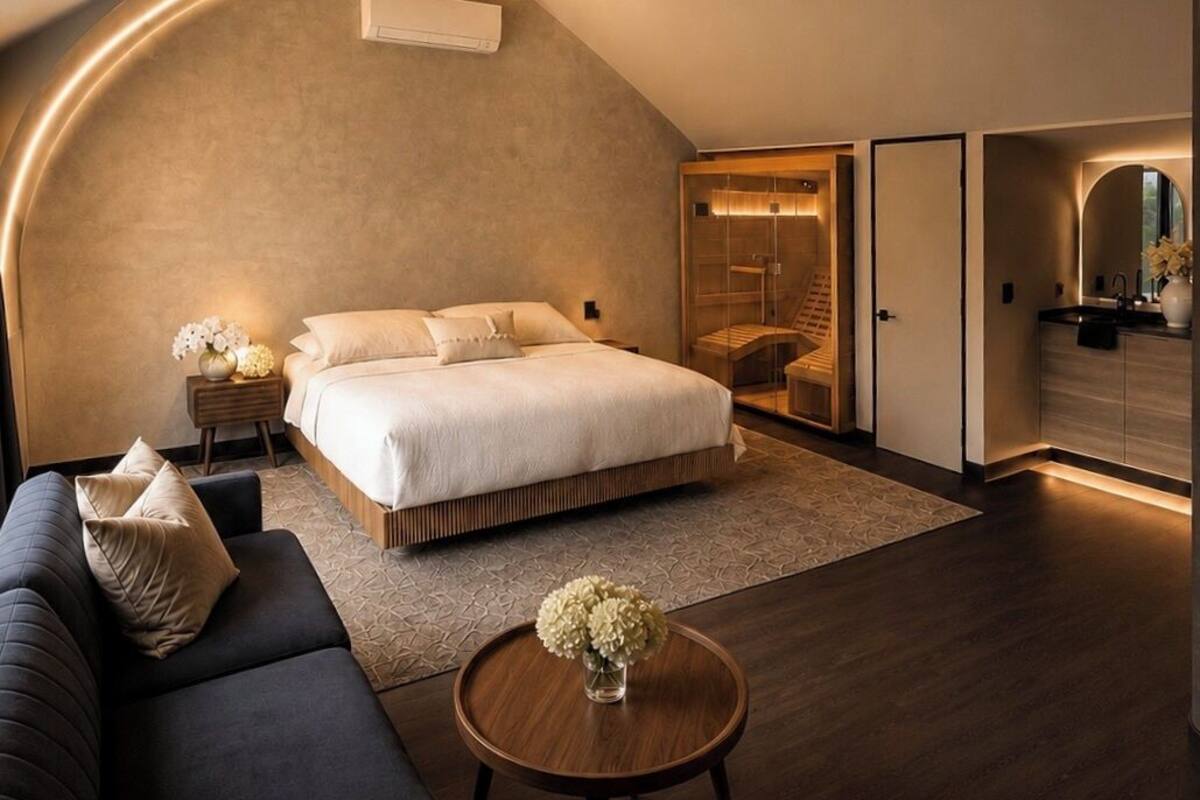 Chalet rustique Élite, 1 très grand lit, sauna | Espace de travail pour ordinateurs portables, rideaux d’obscurcissement