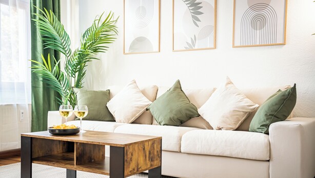 En moderne stue med en hvid sofa, grønne og beige puder, et træsofabord og en stor grøn plante.