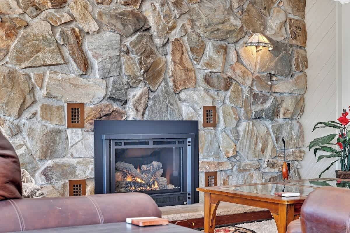 Une cheminée en pierre au design moderne, un coin salon confortable avec un canapé et une table basse, et une plante décorative placée à droite.