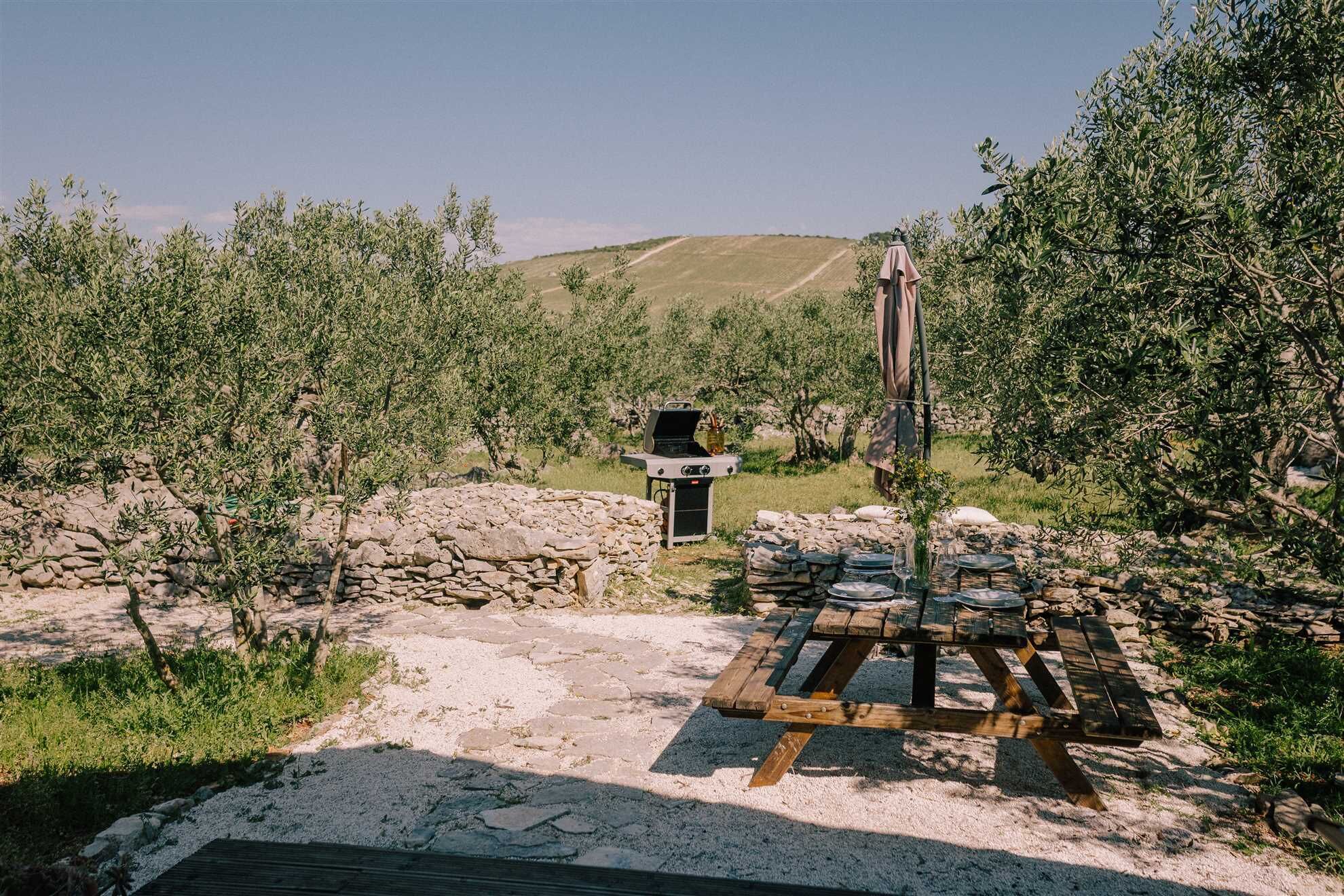 Un cadre extérieur rustique agrémenté d’un mur en pierre, d’un barbecue et d’une table de pique-nique en bois.