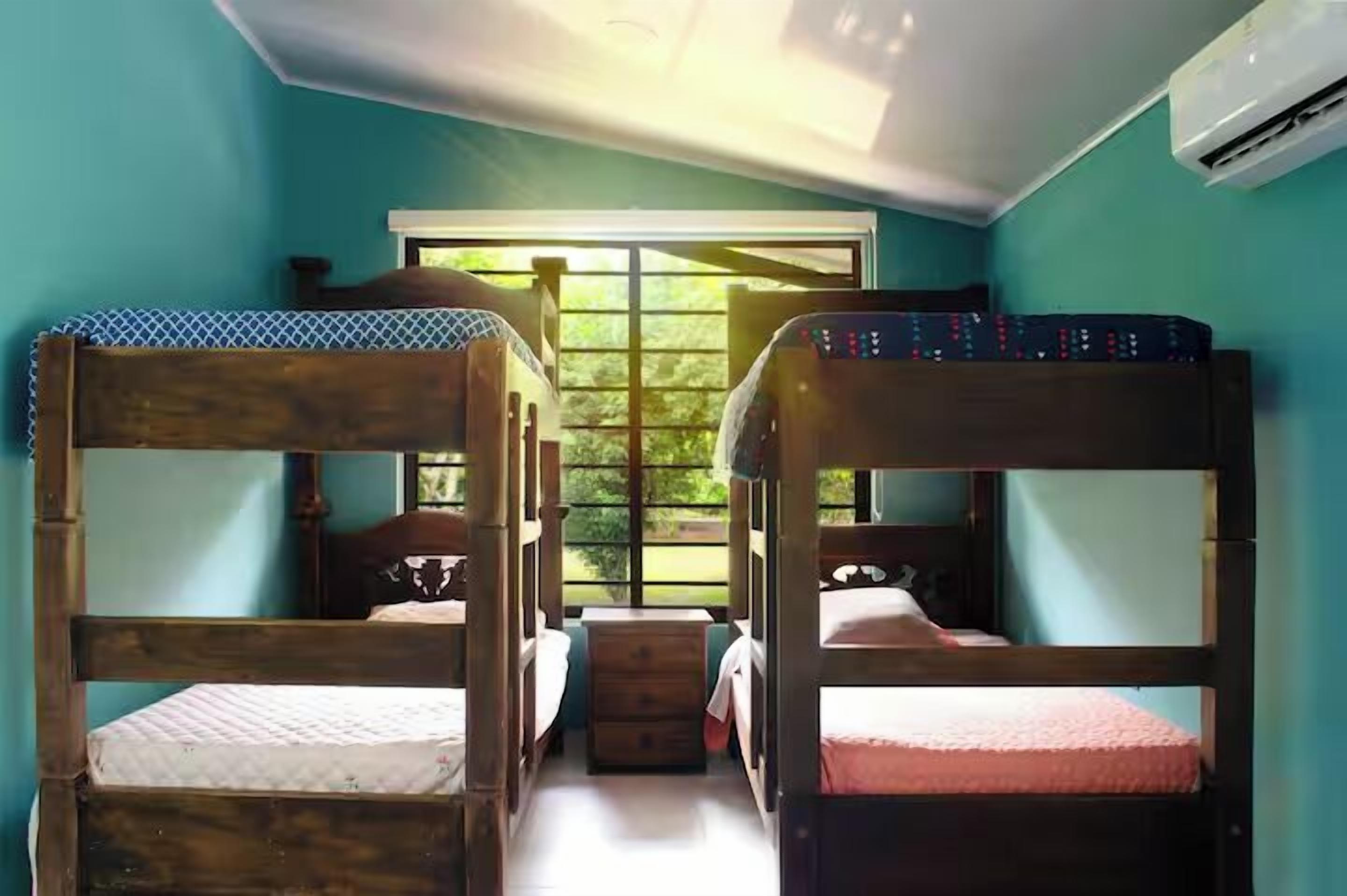Una habitación con literas, ventana con vistas a la vegetación y aire acondicionado.