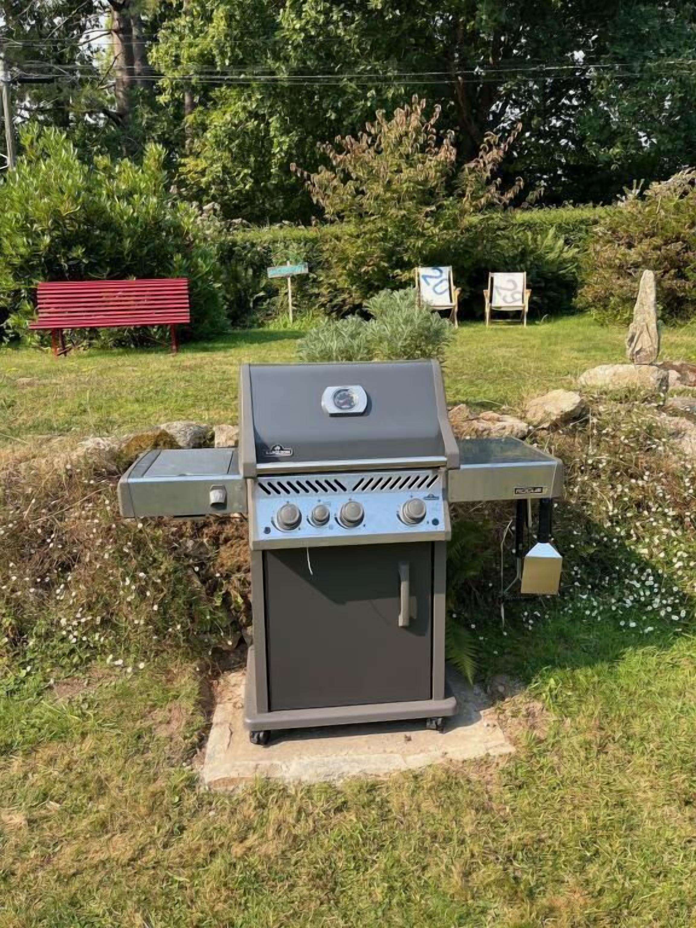 A portable barbecue grill with a control panel, a side burner, and a chimney.
