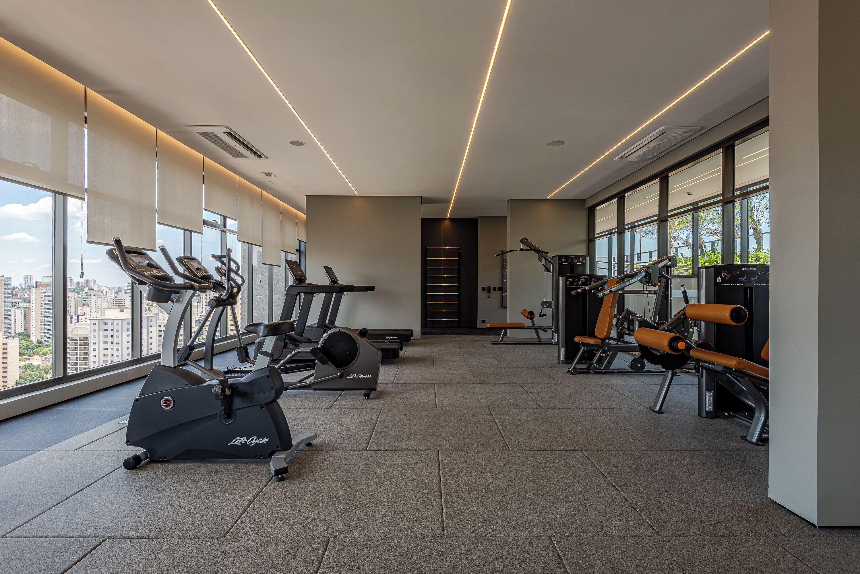 A modern gym with cardio machines, weight stations, and large windows offering city views.