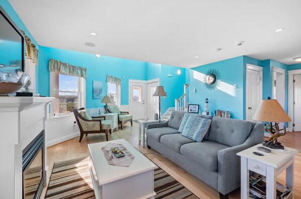 Smart TV, fireplace, books