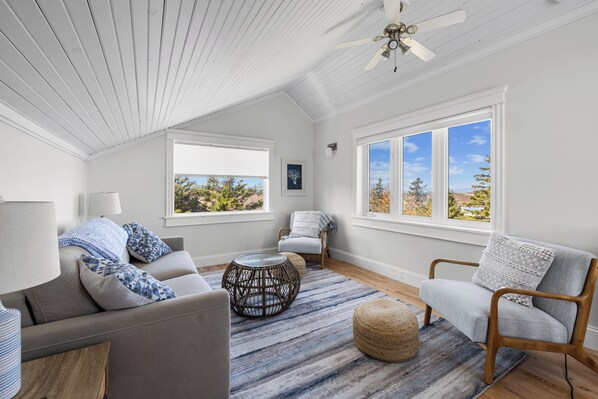 Smart TV, fireplace, books