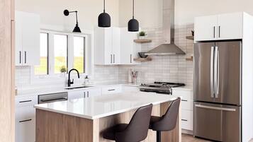 Fridge, microwave, oven, stovetop