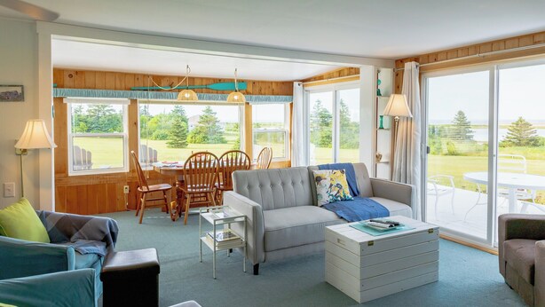 A spacious living room with a grey sofa, a coffee table, and a dining area with wooden chairs and a table.
