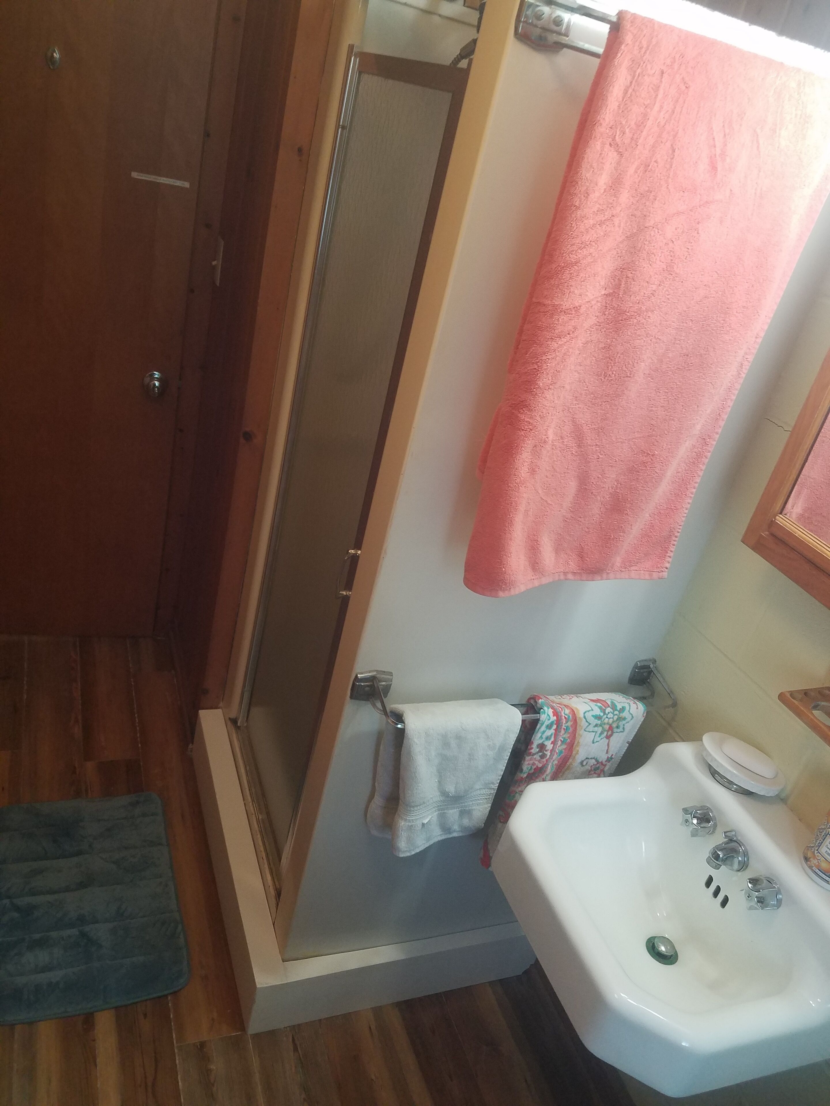 A bathroom with a shower, a sink, and a toilet.