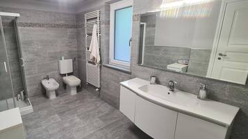 Shower, hair dryer, bidet, towels