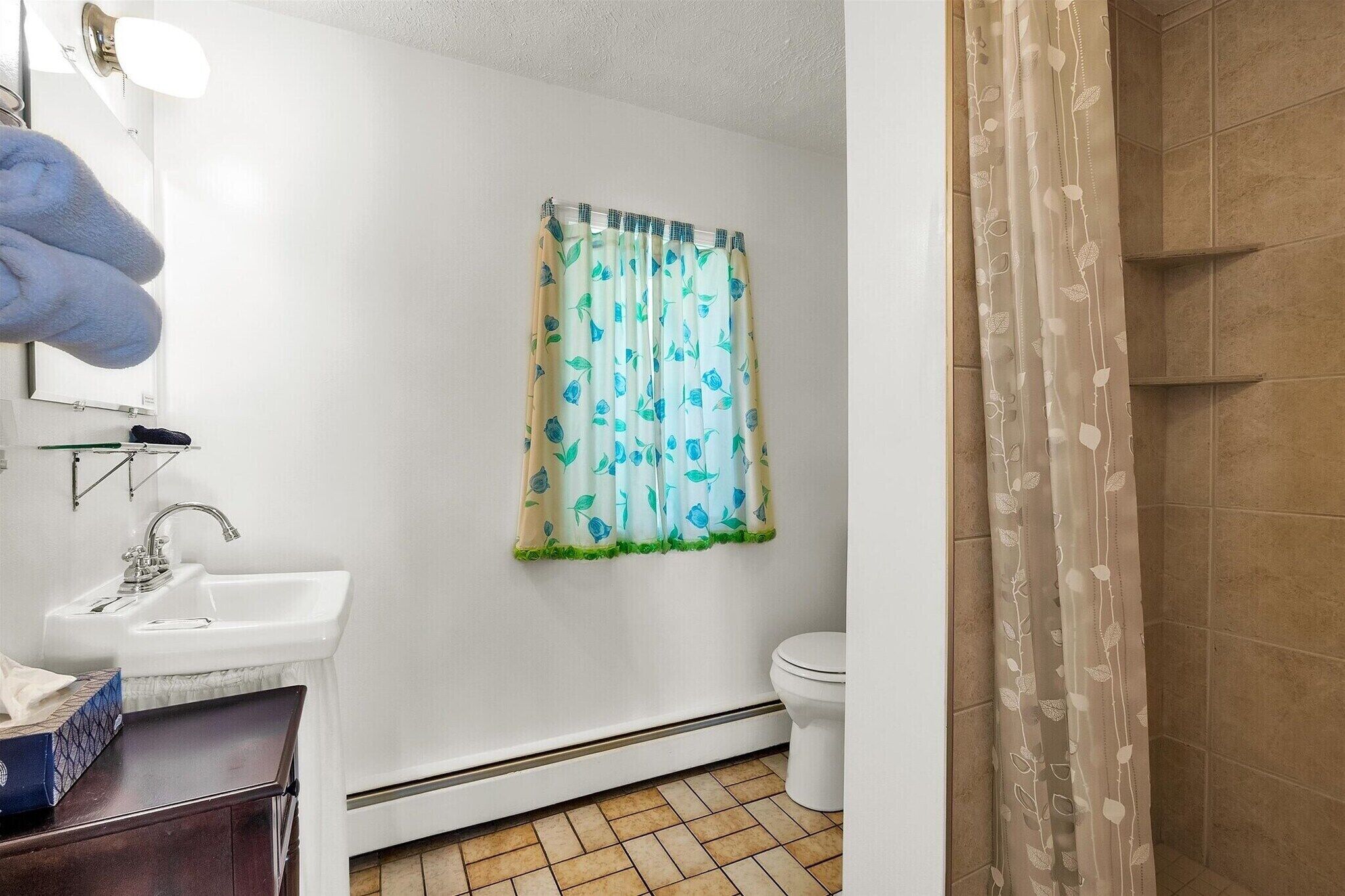 A bathroom with a white sink, a toilet, and a shower area.