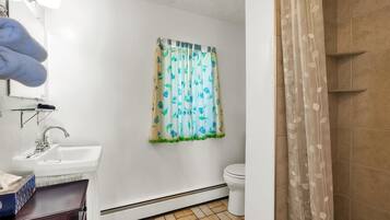 A bathroom with a white sink, a toilet, and a shower area.