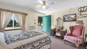 Premium bedding, desk, laptop workspace, soundproofing