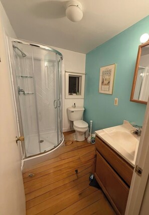 Une salle de bain avec une douche à parois de verre, des toilettes, un lavabo et un miroir.