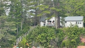 A cabin with a staircase leading to a deck, surrounded by dense forest.