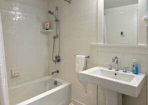 Hair dryer, towels, soap, toilet paper