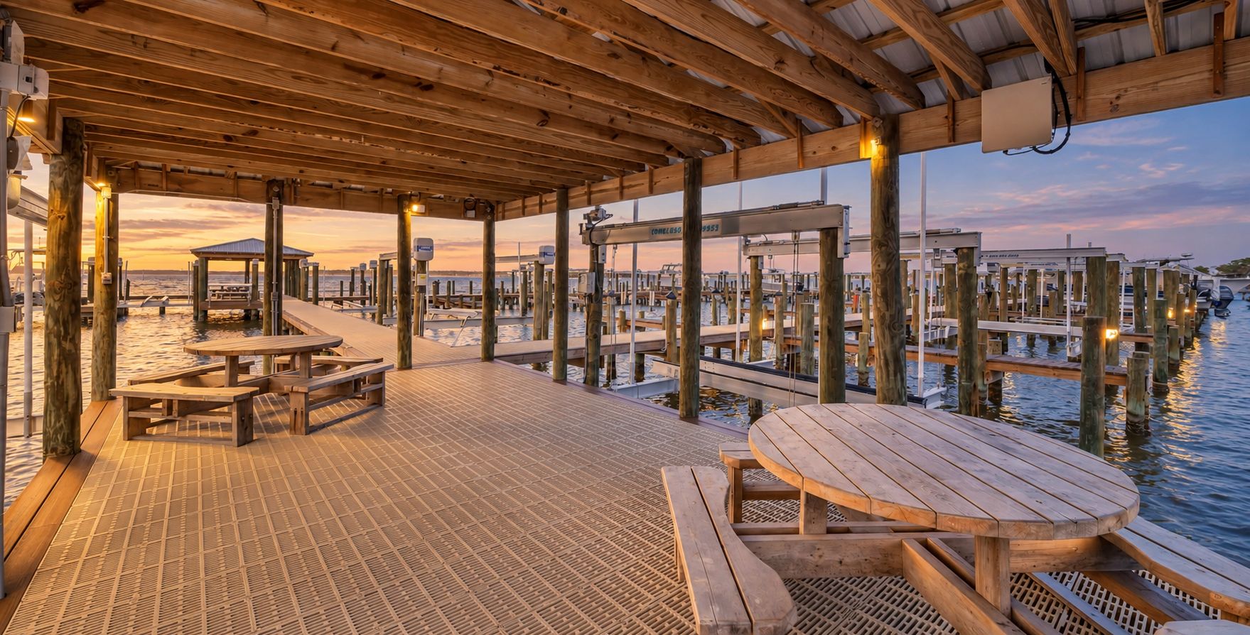 A wooden deck with picnic tables and benches overlooking a marina.