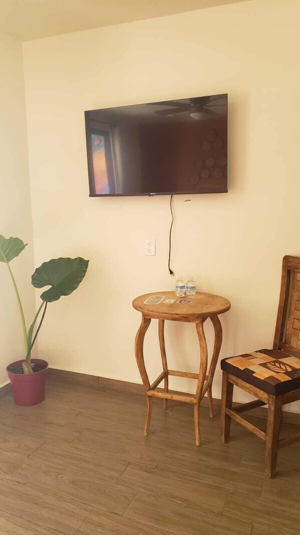 A room with a flat-screen TV mounted on the wall, a wooden chair with a patterned cushion, a small round wooden table with a few items on it, and a large potted plant. - natla  (Teotihuacan)