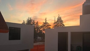 Un bâtiment moderne doté d’un escalier en bois et offrant une vue sur les arbres se découpant sur un ciel au coucher du soleil.
