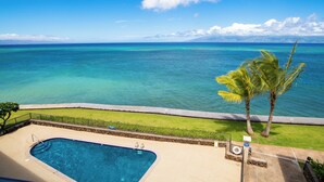 Una piscina con vista al océano y un área verde con palmeras.