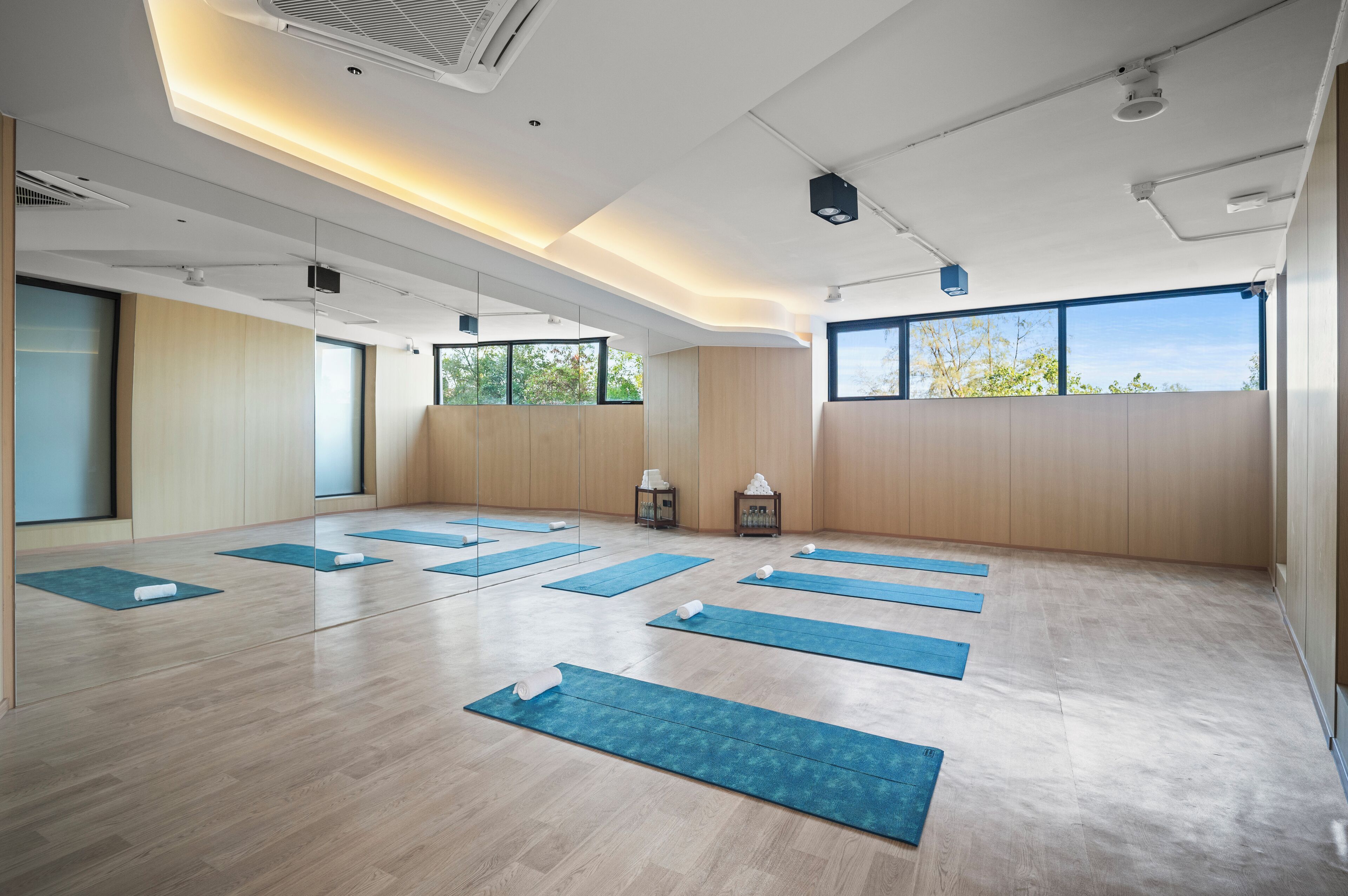 Un amplio estudio de yoga con pisos de madera, ventanas grandes y tapetes azules.