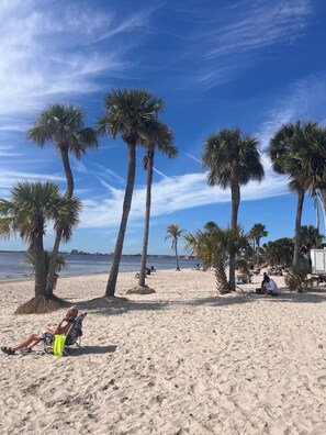 Guests can unwind on the sandy beach surrounded by palm trees.