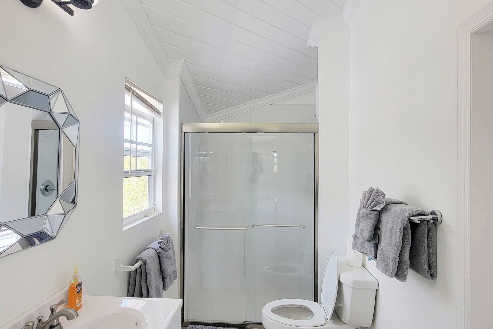 Shower, hair dryer, towels