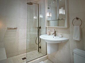 Regadera, toallas, jabón, shampoo 