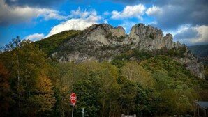 Placa de pare em frente a uma montanha rochosa, com uma área arborizada em primeiro plano.