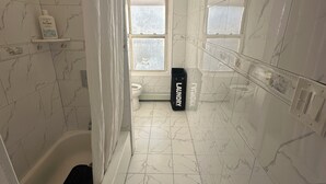 A modern bathroom with a shower, toilet, and a large mirror.