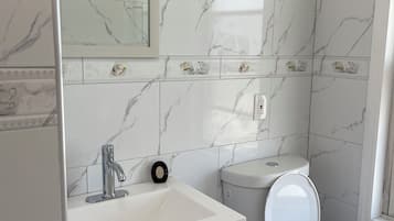 Hair dryer, towels, soap, toilet paper