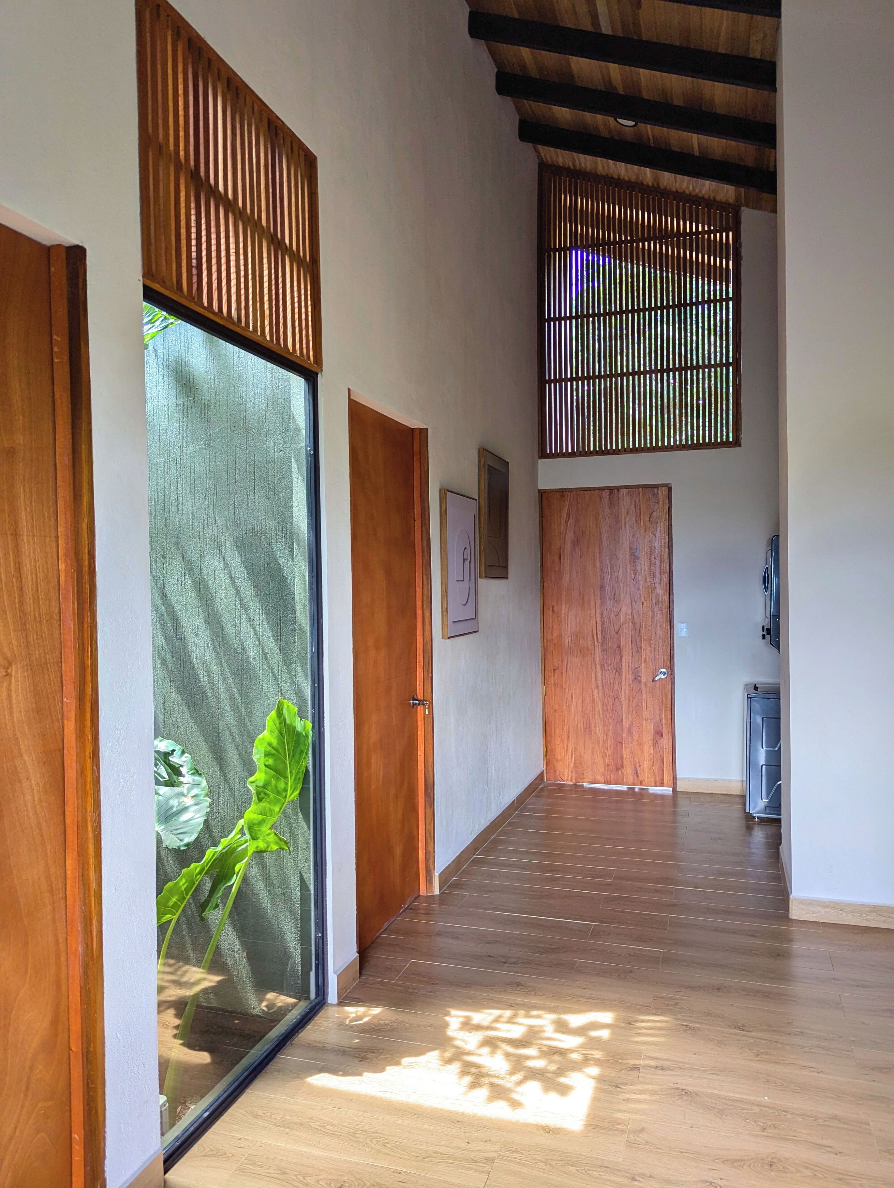A hallway with wooden doors, a glass door with a plant, and a ceiling with wooden beams.