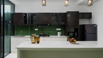 Fridge, microwave, stovetop, electric kettle