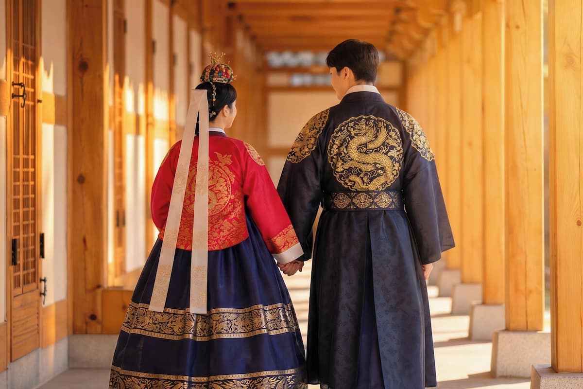 A traditional wooden corridor with a couple dressed in historical attire.