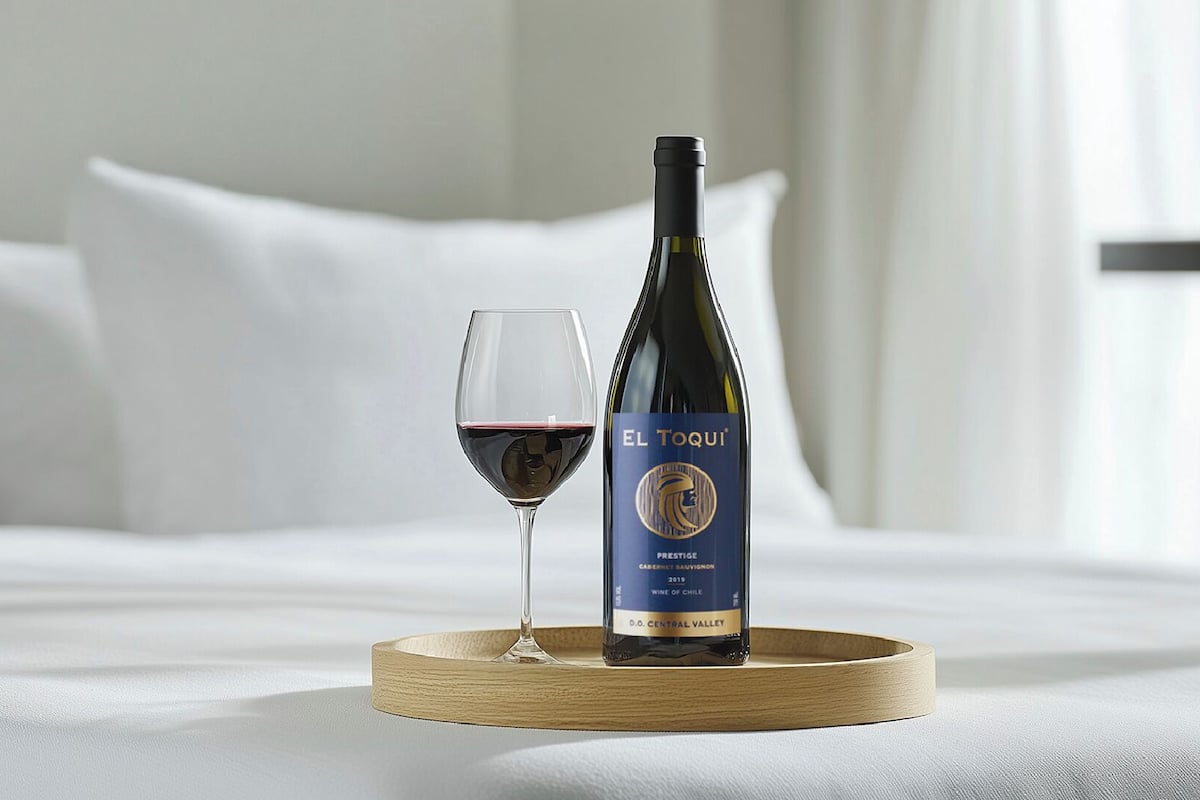 A bottle of El Toqui wine and a glass of red wine on a wooden tray on a bed with white bedding.