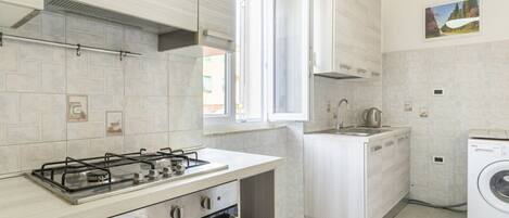 Een koelkast, een oven, een kookplaat, kookgerei, borden en bestek