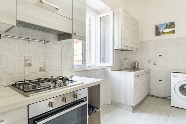 Fridge, oven, stovetop, cookware/dishes/utensils