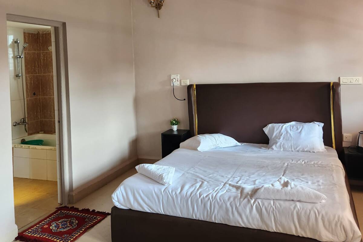 Une chambre d’hôtel avec un grand lit, un ventilateur de plafond, un appareil de climatisation, une petite table de chevet avec une lampe, et une vue sur l’espace de la douche.