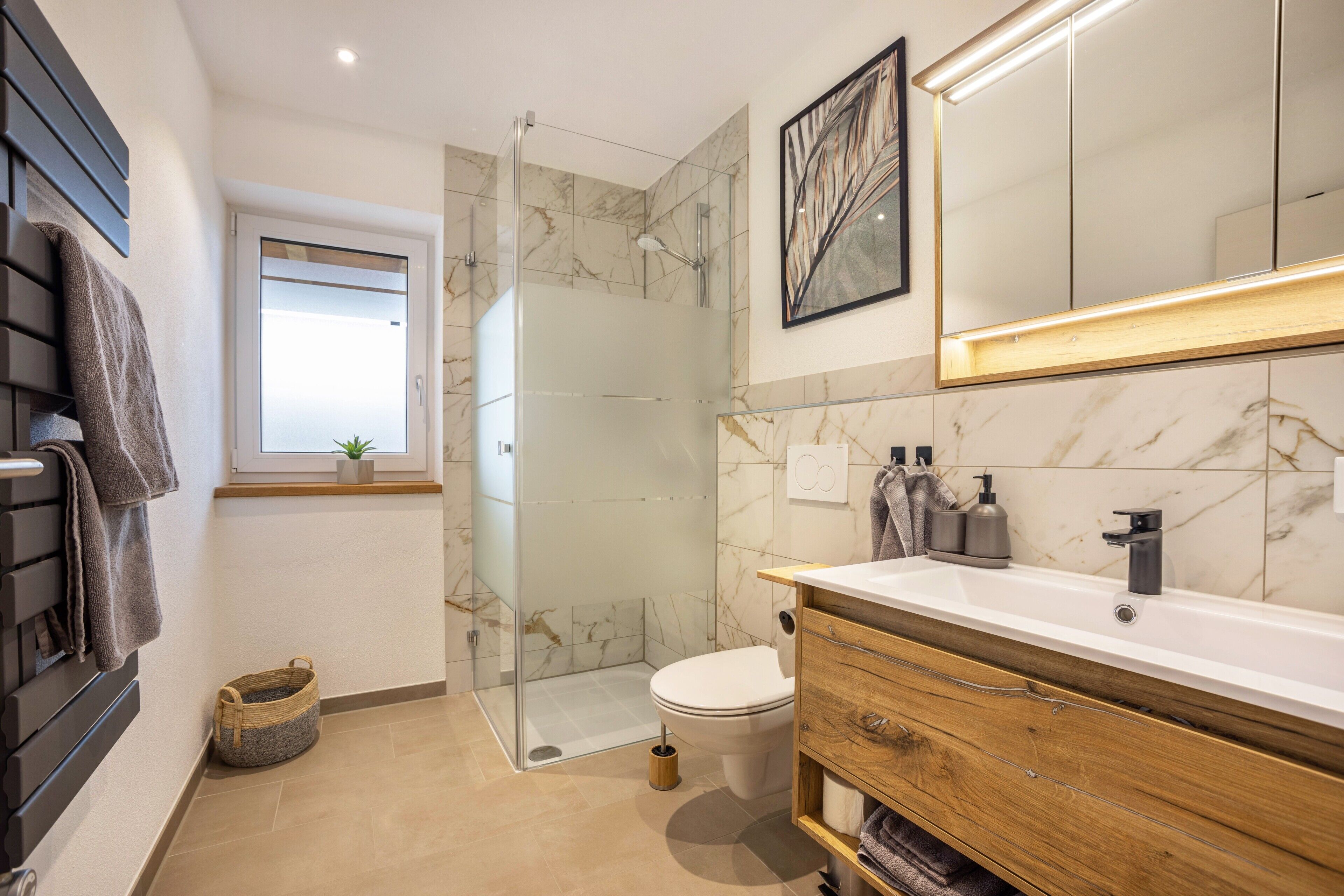 Shower, hair dryer, towels