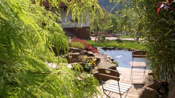 Un giardino con uno stagno, un pontile in legno e delle sedie.