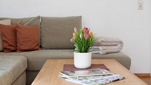 A living room with a sofa, a coffee table with magazines, and a potted plant.