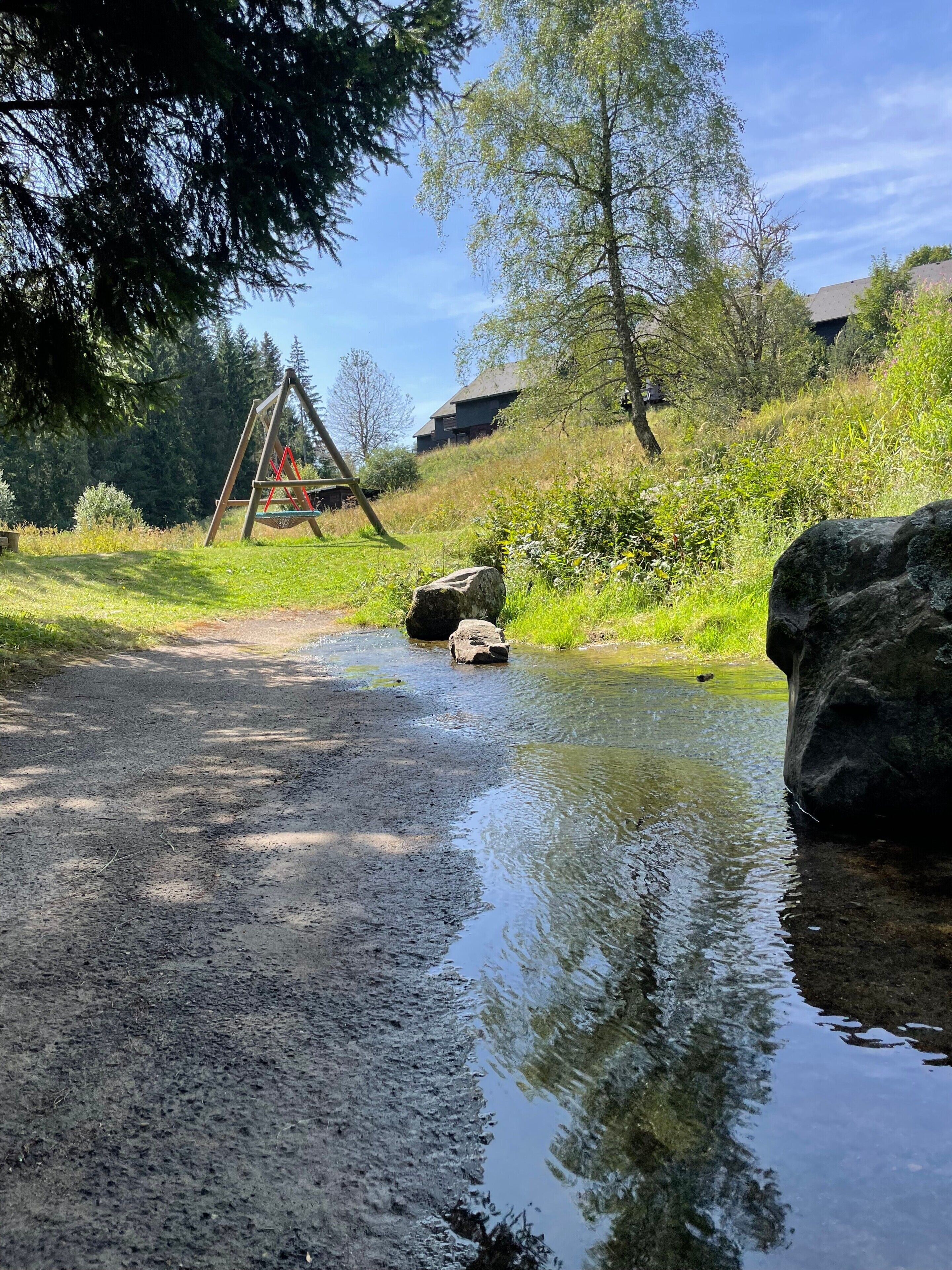 A natural outdoor setting with a small stream, rocks, and a swing set.