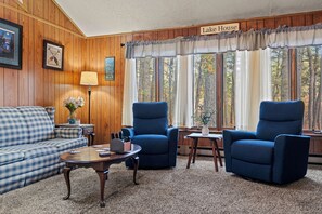 Smart TV, fireplace, foosball