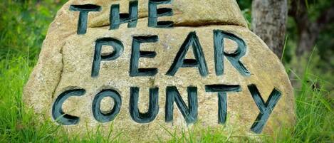 A stone sign with the text "THE PEAR COUNTY" in black paint.